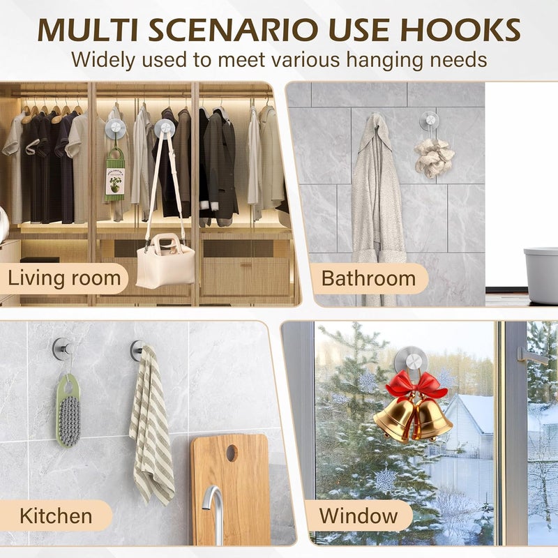 Ninth Five Shower Suction Cup Hooks, Heavy Duty Bathroom Wall Hooks for Towels, Robes, Loofahs, Removable Metal Hook for Tile Glass Mirror, No Drill(4 Pack, Silver) - Image 4